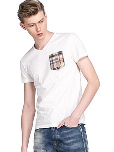 JackJones杰克琼斯纯棉男士拼接胸袋V领短袖T恤O|215101042021[奶白 m]