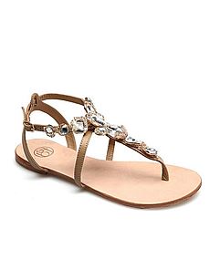 银泰武林店FED专柜 2015夏牛皮水钻平底夹趾凉鞋 休闲平跟细带沙滩鞋1391452[米色 35]