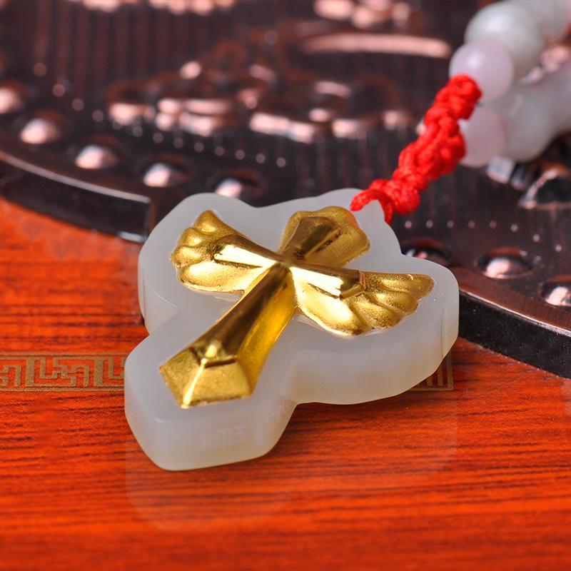 Mkela 梦克拉 和田玉十字架金镶玉吊坠 守护 [乳