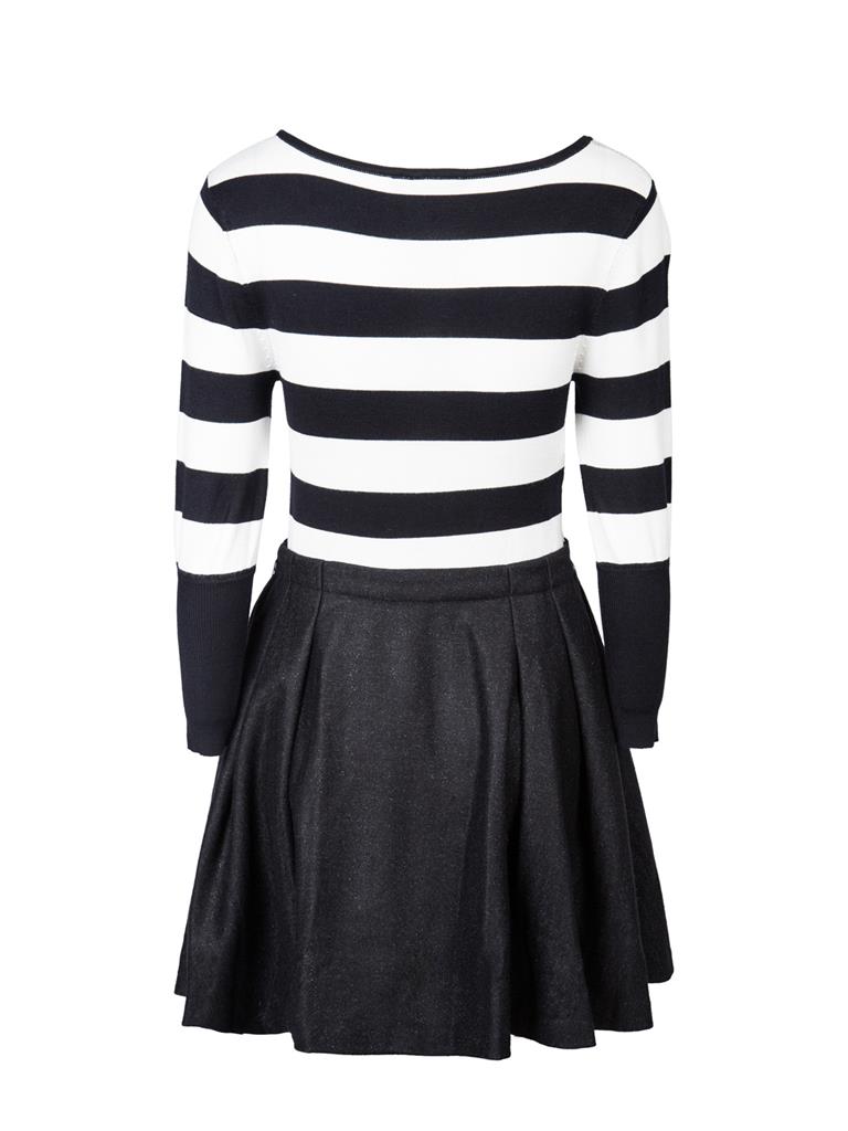 only2015春新品条纹圆领修身捏摺连衣裙裙子女t(黑白 black white)